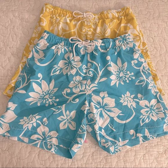Old Navy Mens Hawaiian Print Swim Trunks Lot Size Large Blue Yellow Tropical - Picture 1 of 5
